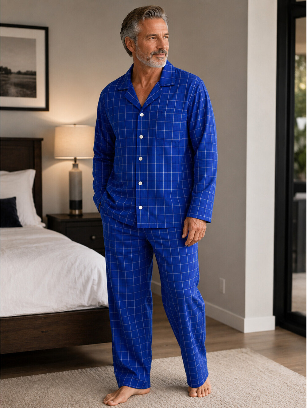 Club Room Men's Sz L Blue Windowpane Plaid Pajama Set Long Sleeve Shirt Pant NWT